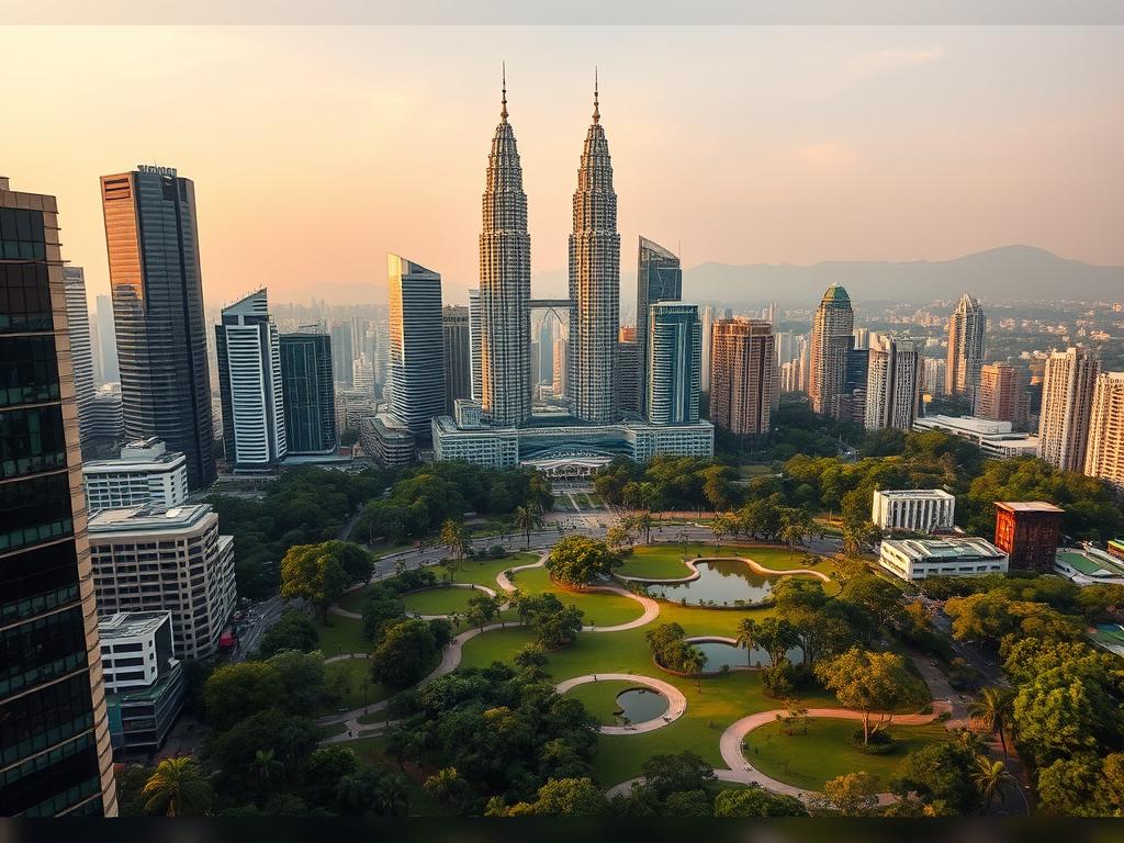 A bustling cityscape of Kuala Lumpur, Malaysia's vibrant capital, during the golden hour. In the foreground, modern high-rises and sleek skyscrapers reach towards the sky, their glass facades reflecting the warm, amber light. The iconic Petronas Twin Towers stand tall, their distinctive design commanding attention. In the middle ground, a lush, verdant park with winding paths and serene ponds offers a peaceful respite from the urban hustle. The background is framed by distant, rolling hills, softened by a hazy, dreamlike atmosphere. The overall scene conveys a sense of harmony between the built environment and nature, creating a captivating setting for a romantic honeymoon getaway. "شركة اطلالة" A bustling cityscape of Kuala Lumpur, Malaysia's vibrant capital, during the golden hour. In the foreground, modern high-rises and sleek skyscrapers reach towards the sky, their glass facades reflecting the warm, amber light. The iconic Petronas Twin Towers stand tall, their distinctive design commanding attention. In the middle ground, a lush, verdant park with winding paths and serene ponds offers a peaceful respite from the urban hustle. The background is framed by distant, rolling hills, softened by a hazy, dreamlike atmosphere. The overall scene conveys a sense of harmony between the built environment and nature, creating a captivating setting for a romantic honeymoon getaway. "شركة اطلالة"