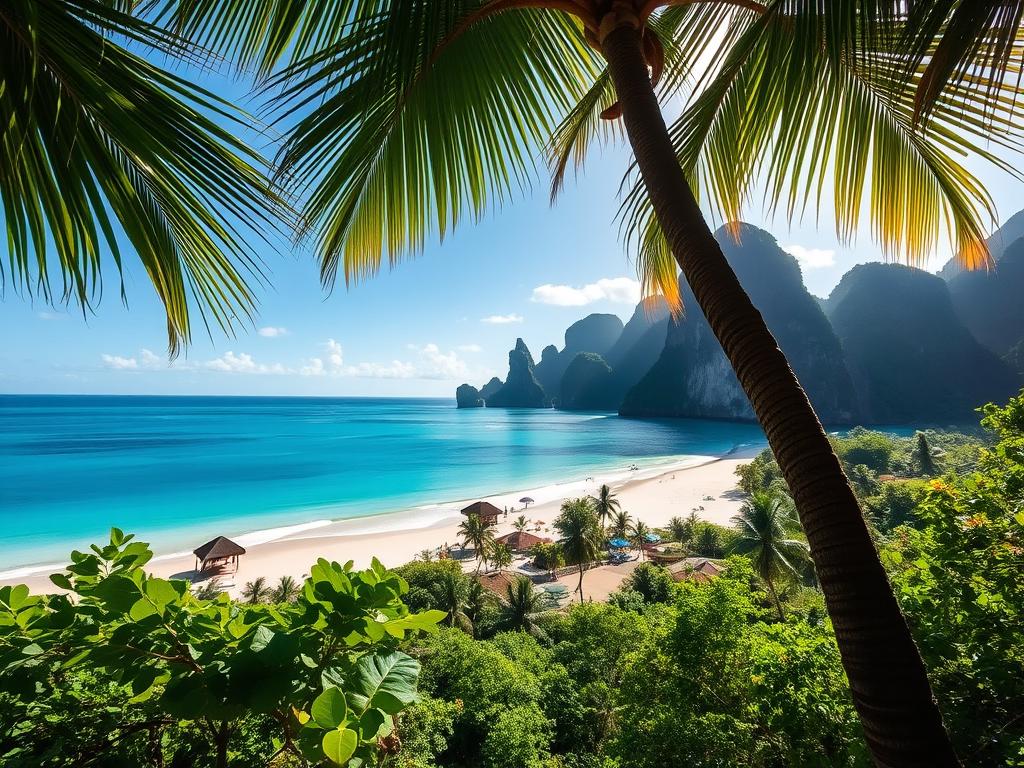 A stunning tropical paradise unfolds on the island of Langkawi, Malaysia. Turquoise waters lap against pristine white sand beaches, framed by lush, verdant foliage. Towering limestone cliffs rise majestically in the distance, casting dramatic shadows across the serene landscape. Brilliant sunlight filters through swaying palm fronds, illuminating the idyllic scene. Explore this captivating island, a true honeymoon haven, captured through the lens of "شركة اطلالة".