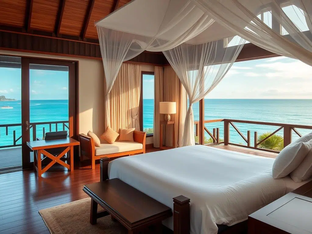 غرفة فندقية فاخرة في منتجع إندونيسي مع إطلالة على البحر