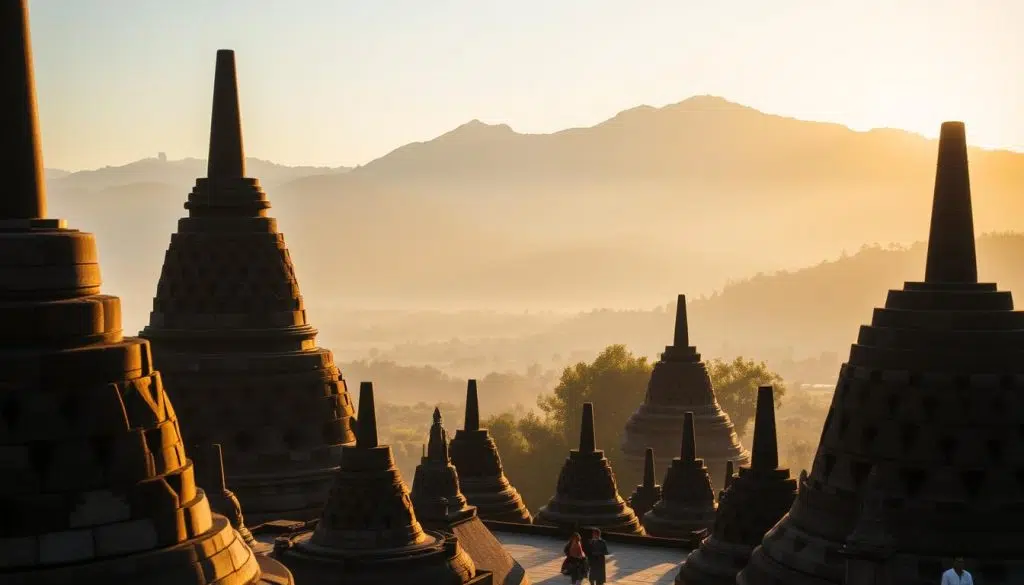 معبد بوروبودور التاريخي في إندونيسيا مع غروب الشمس