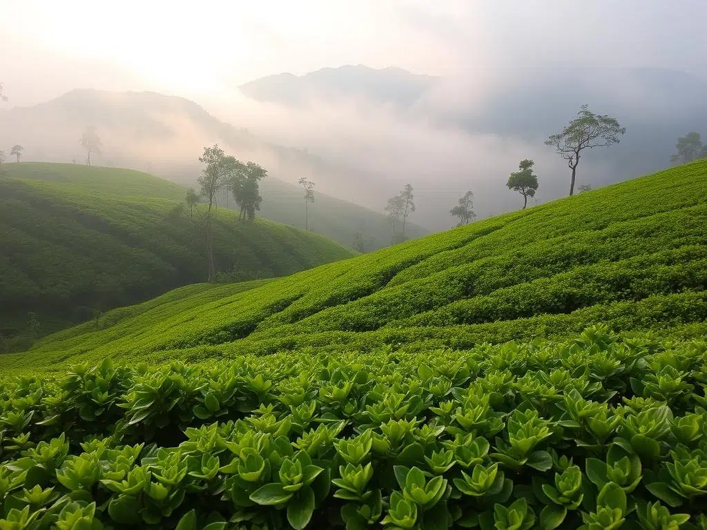 مناظر طبيعية خضراء في بونشاك مع مزارع الشاي والجبال المحيطة