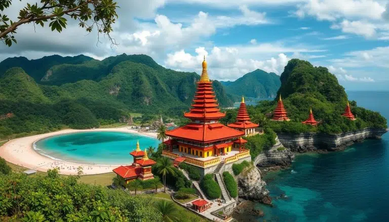 مناظر طبيعية خلابة في إندونيسيا تظهر الشواطئ والجبال والمعابد التقليدية