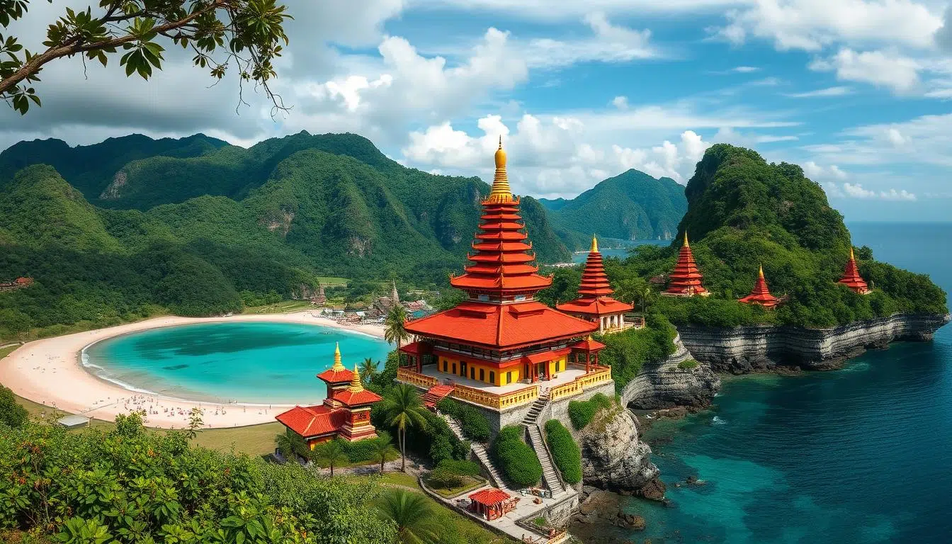 مناظر طبيعية خلابة في إندونيسيا تظهر الشواطئ والجبال والمعابد التقليدية